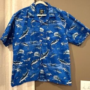 Benny's Hawaiian Shark Short Sleeve Blue Cotton Shirt, Size XL